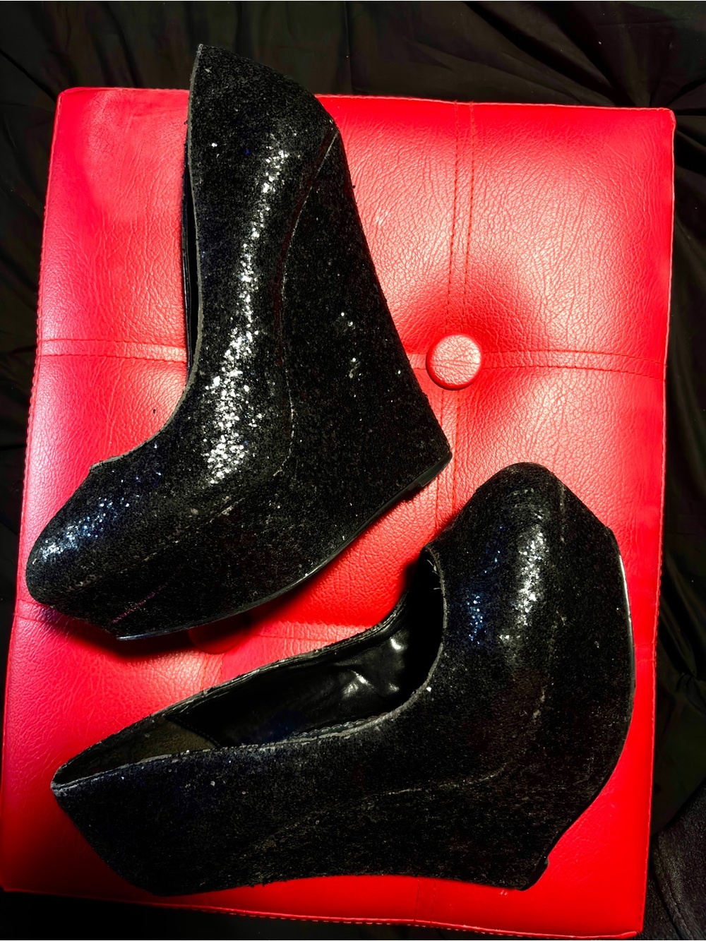 Black Glitter Wedge Platform Heels - Women's Dress Shoes